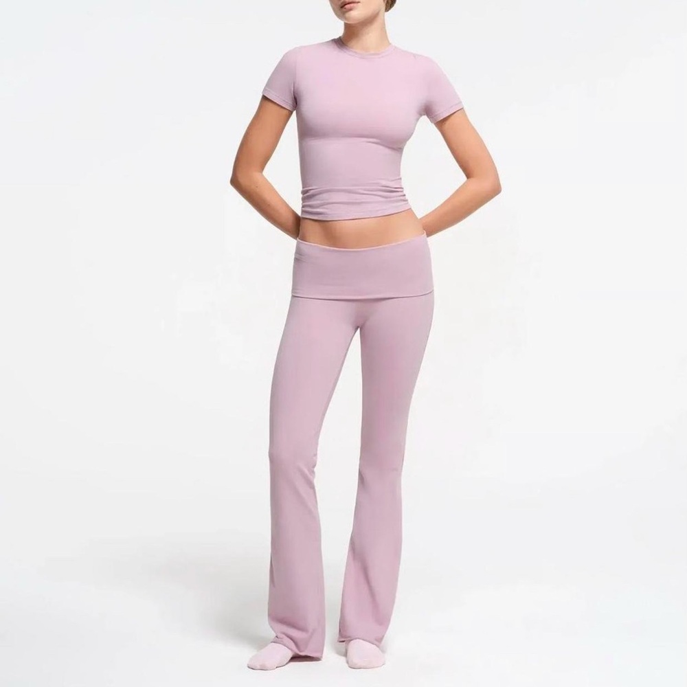 SKIMS Cotton Jersey Foldover Pants, shorts, and T-shirt in Dusk